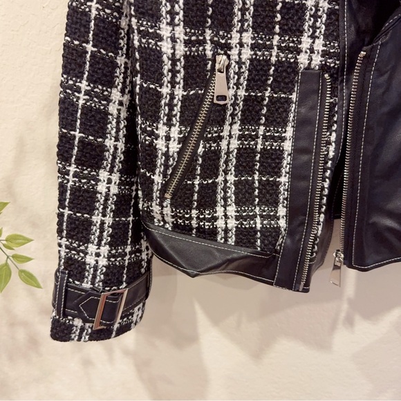 J.ING Faux Leather Collared Tweed Checker Jacket Outwear Black White Size XL NWT - Picture 5 of 10
